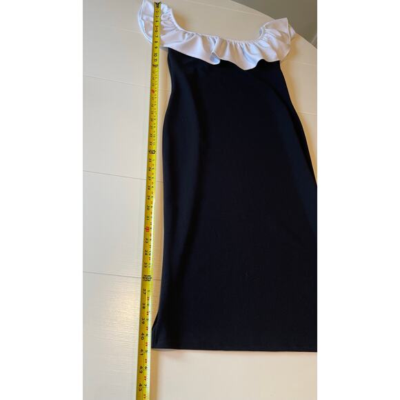 H&M Flounced Off The Shoulder Dress Sz M Black White Sheath Stretch Coquette - Picture 9 of 10